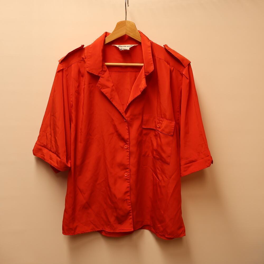 Sheridan Square Red Blouse Shoulder Tabs Short Sleeves Button Front Size 16